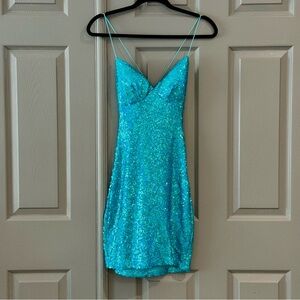 B Darlin Turquoise Sequin Mini Dress.
